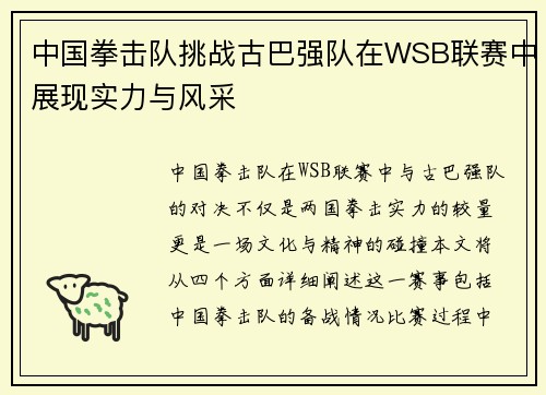 中国拳击队挑战古巴强队在WSB联赛中展现实力与风采